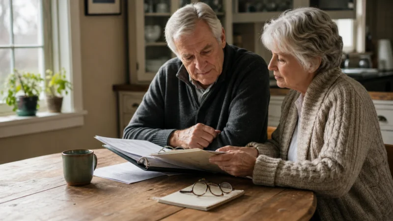 A senior couple sits at their kitchen table, calmly reviewing a planning binder together in soft morning light.