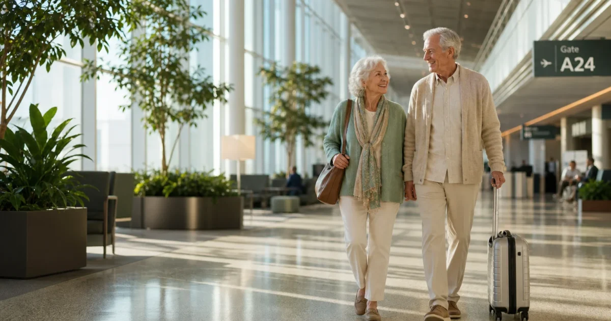 A senior couple walks calmly through a bright, modern airport terminal filled with sunlight and plants.
