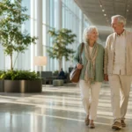 A senior couple walks calmly through a bright, modern airport terminal filled with sunlight and plants.