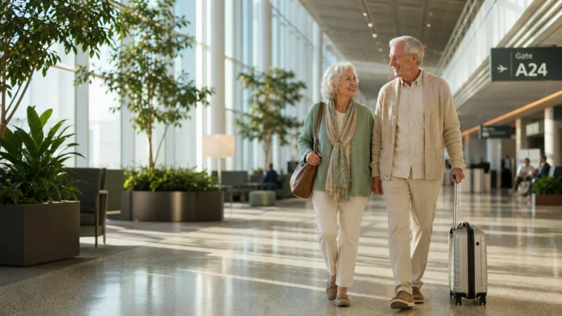 A senior couple walks calmly through a bright, modern airport terminal filled with sunlight and plants.