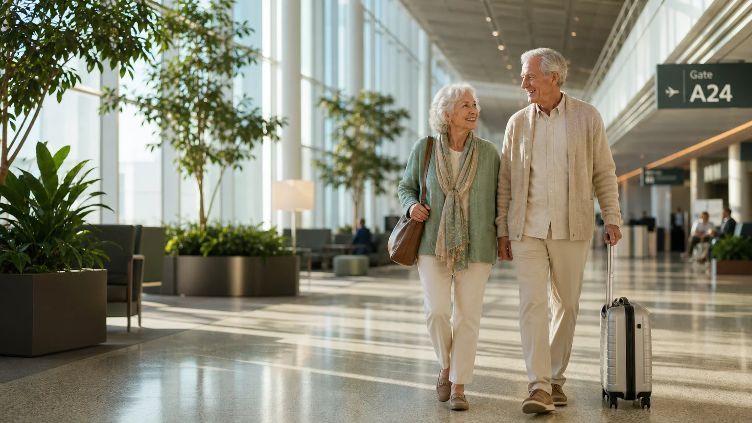 A senior couple walks calmly through a bright, modern airport terminal filled with sunlight and plants.