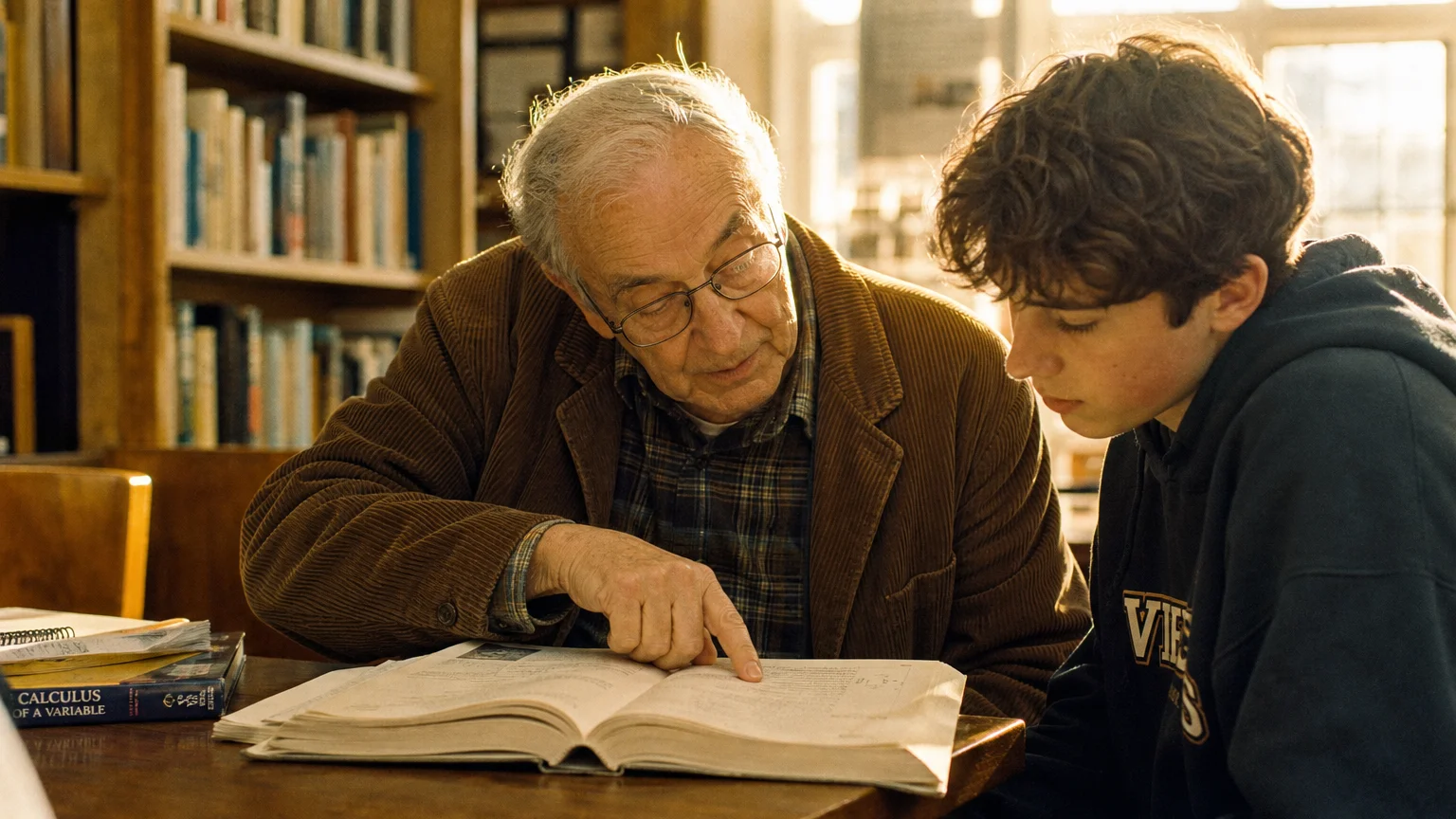 A senior man patiently tutoring a teenager at a library table in the warm afternoon light.