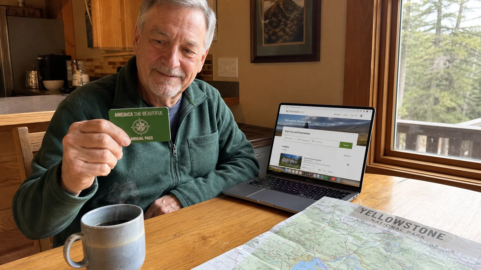 A senior man sits at his sunlit kitchen table with a laptop, map, and mug, holding his newly acquired green Senior Pass.