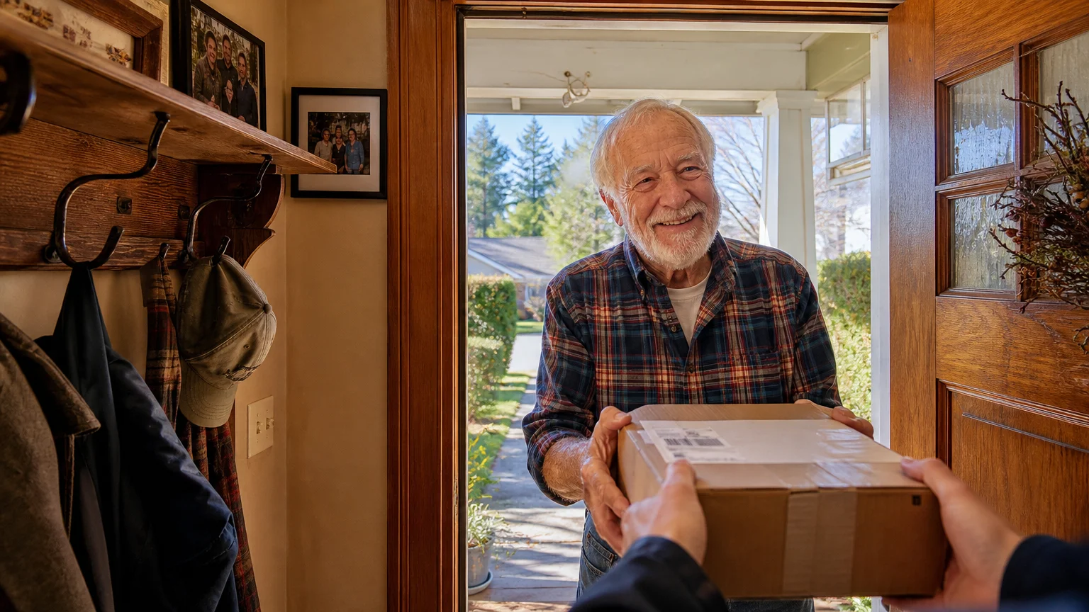 A senior man smiling as he receives a medicine delivery package at his front door, captured in a warm, candid documentary style.
