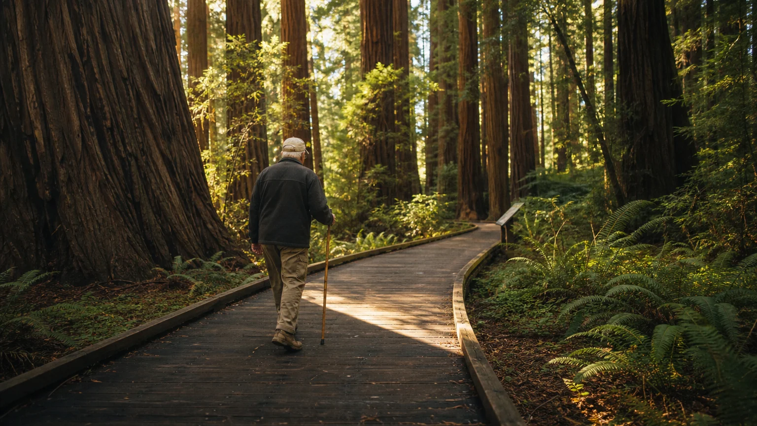 A senior traveler walks along an accessible, flat wooden boardwalk trail winding through towering redwood trees.