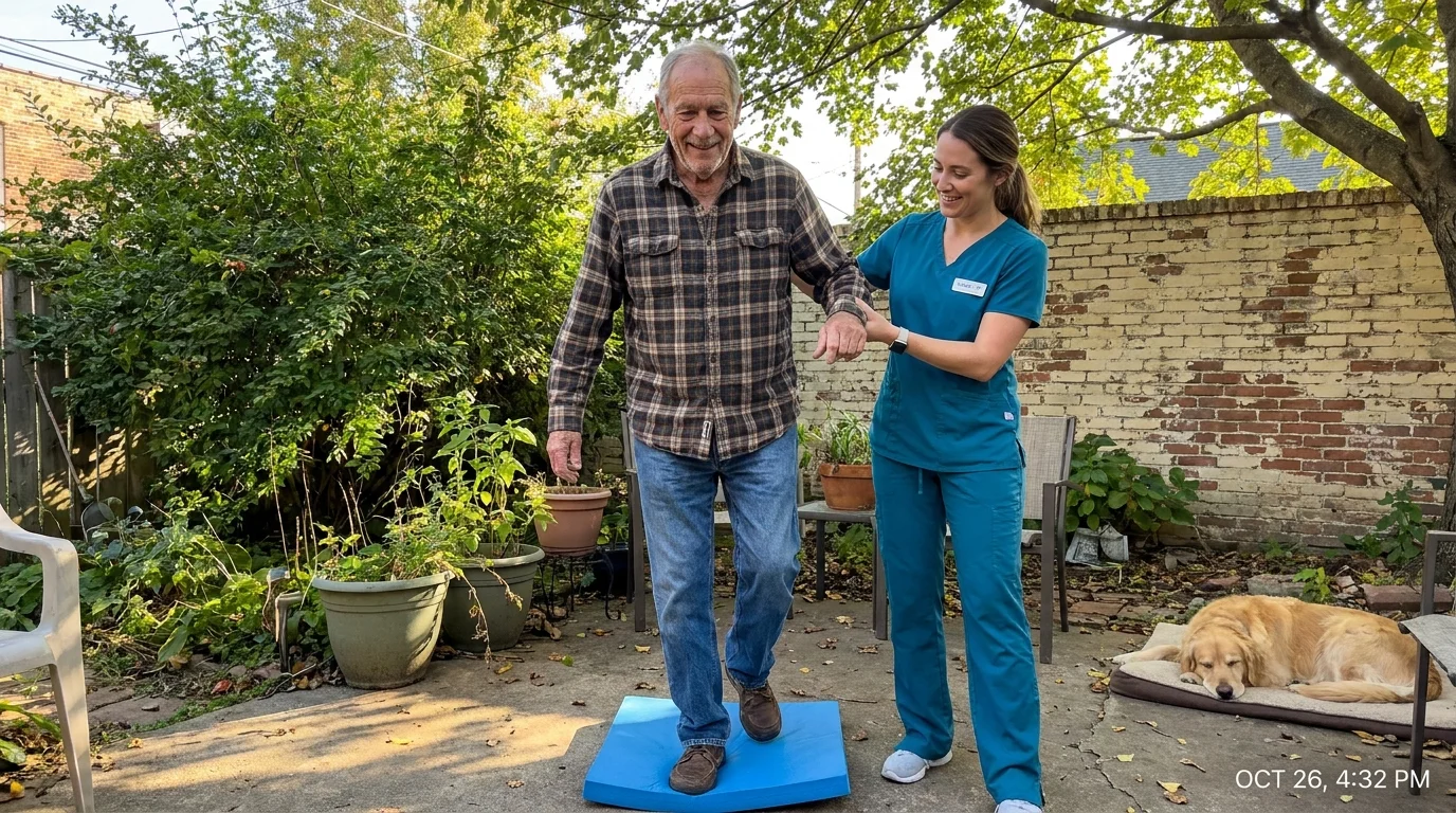 A senior veteran practicing balance exercises with a physical therapist on a sunny brick patio.
