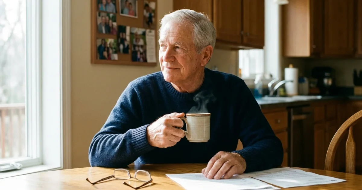 A senior veteran sitting thoughtfully at a sunlit kitchen table holding a mug, reflecting on his options.
