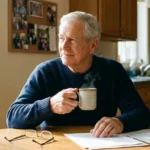 A senior veteran sitting thoughtfully at a sunlit kitchen table holding a mug, reflecting on his options.