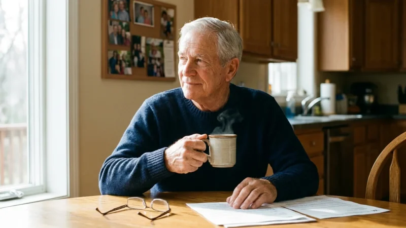 A senior veteran sitting thoughtfully at a sunlit kitchen table holding a mug, reflecting on his options.