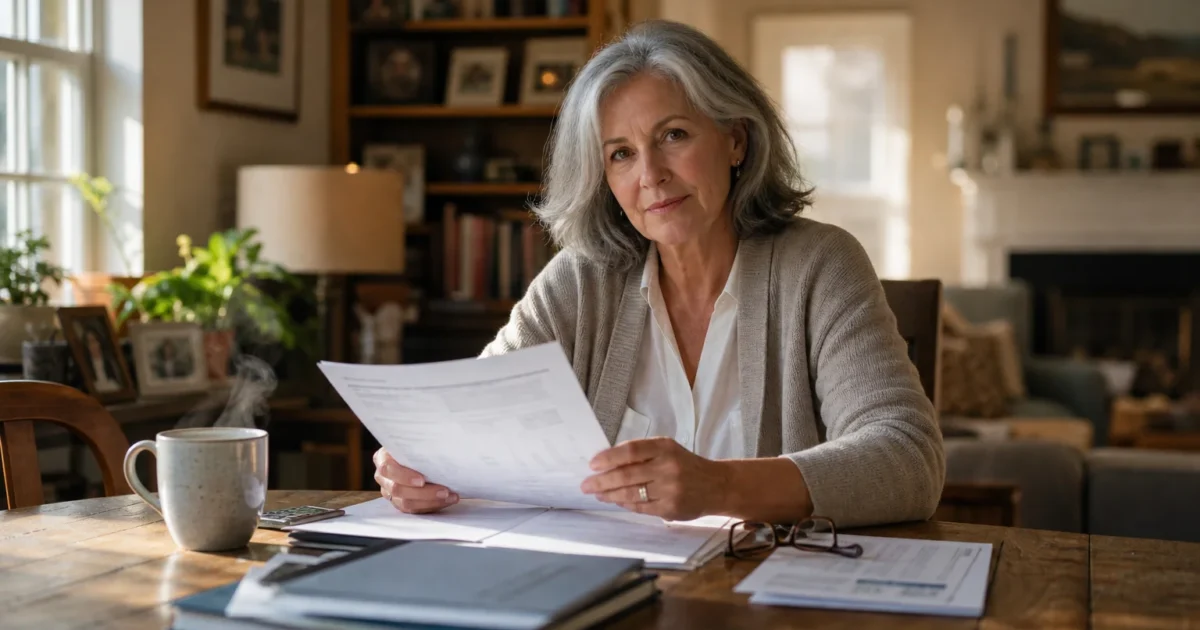 A senior woman sitting at a warm, sunlit dining table calmly organizing her retirement paperwork with a mug of tea.