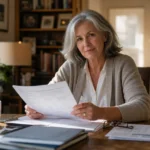 A senior woman sitting at a warm, sunlit dining table calmly organizing her retirement paperwork with a mug of tea.
