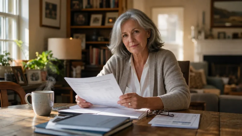 A senior woman sitting at a warm, sunlit dining table calmly organizing her retirement paperwork with a mug of tea.