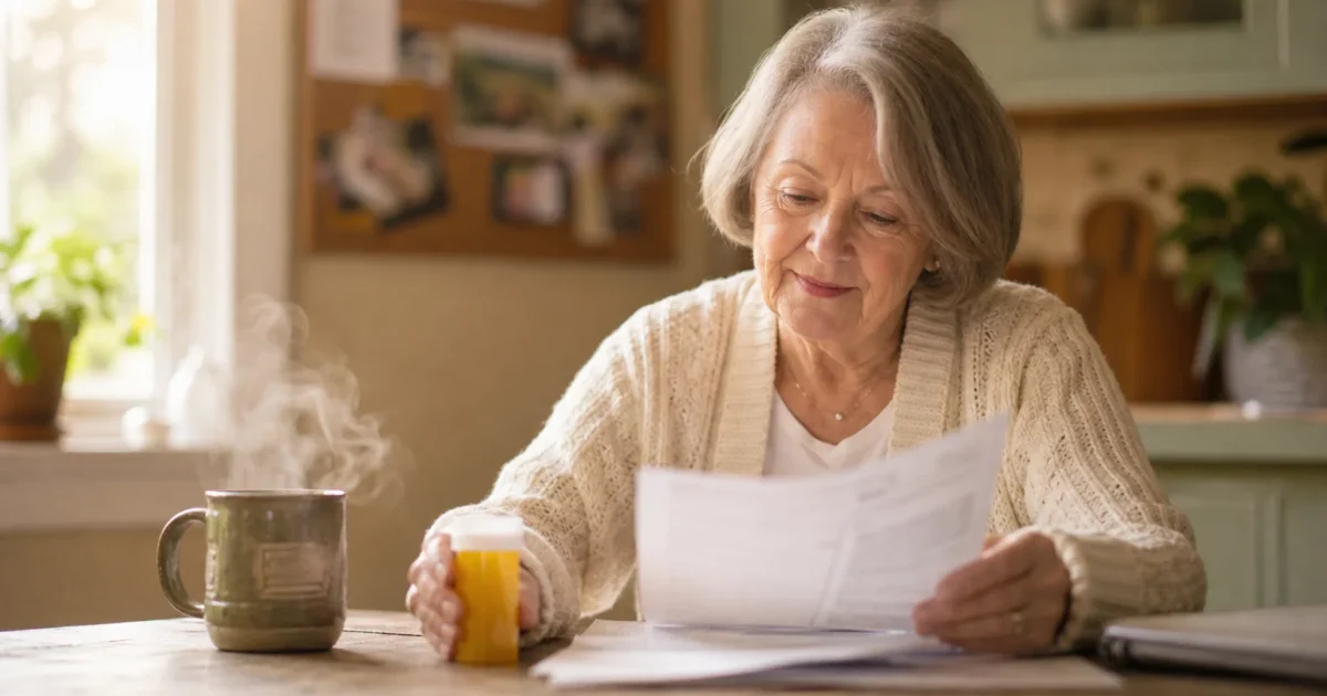 A senior woman sitting at her kitchen table looking over medical paperwork with a peaceful expression, a prescription bottle nearby.