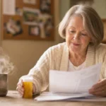 A senior woman sitting at her kitchen table looking over medical paperwork with a peaceful expression, a prescription bottle nearby.