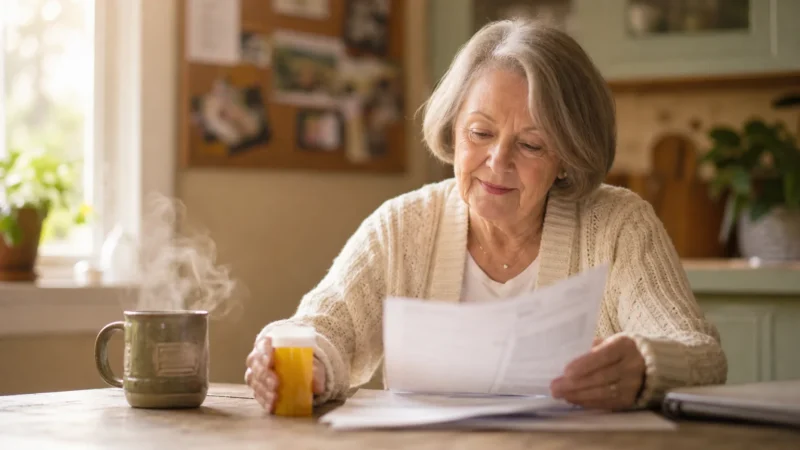 A senior woman sitting at her kitchen table looking over medical paperwork with a peaceful expression, a prescription bottle nearby.