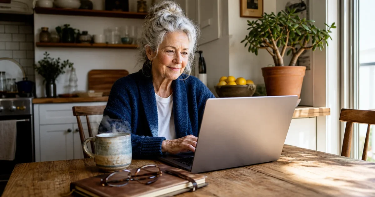 A senior woman works on her laptop at a sunny kitchen table, representing a fulfilling second career in retirement.