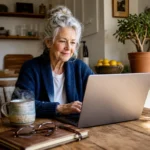 A senior woman works on her laptop at a sunny kitchen table, representing a fulfilling second career in retirement.