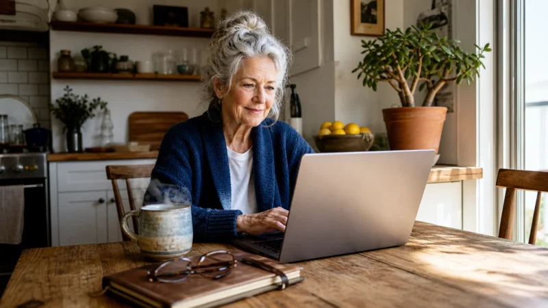 A senior woman works on her laptop at a sunny kitchen table, representing a fulfilling second career in retirement.