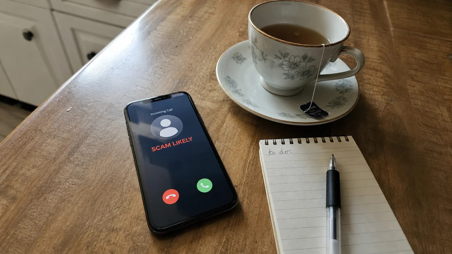 A smartphone lying on a kitchen counter next to a teacup, displaying an incoming call screen with the text Scam Likely.