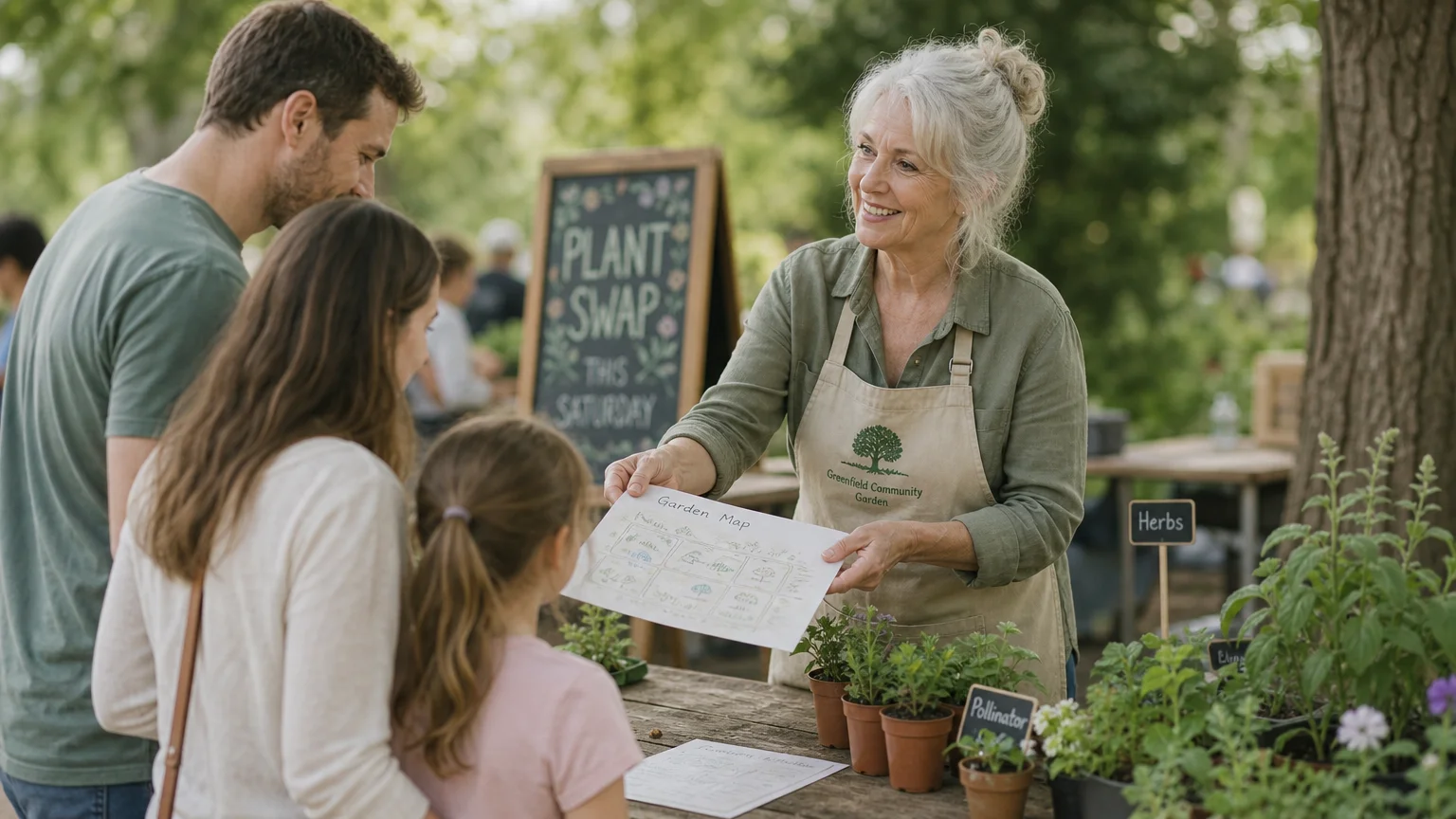 A smiling retired woman with silver hair hands a map to visitors at a community botanical market.
