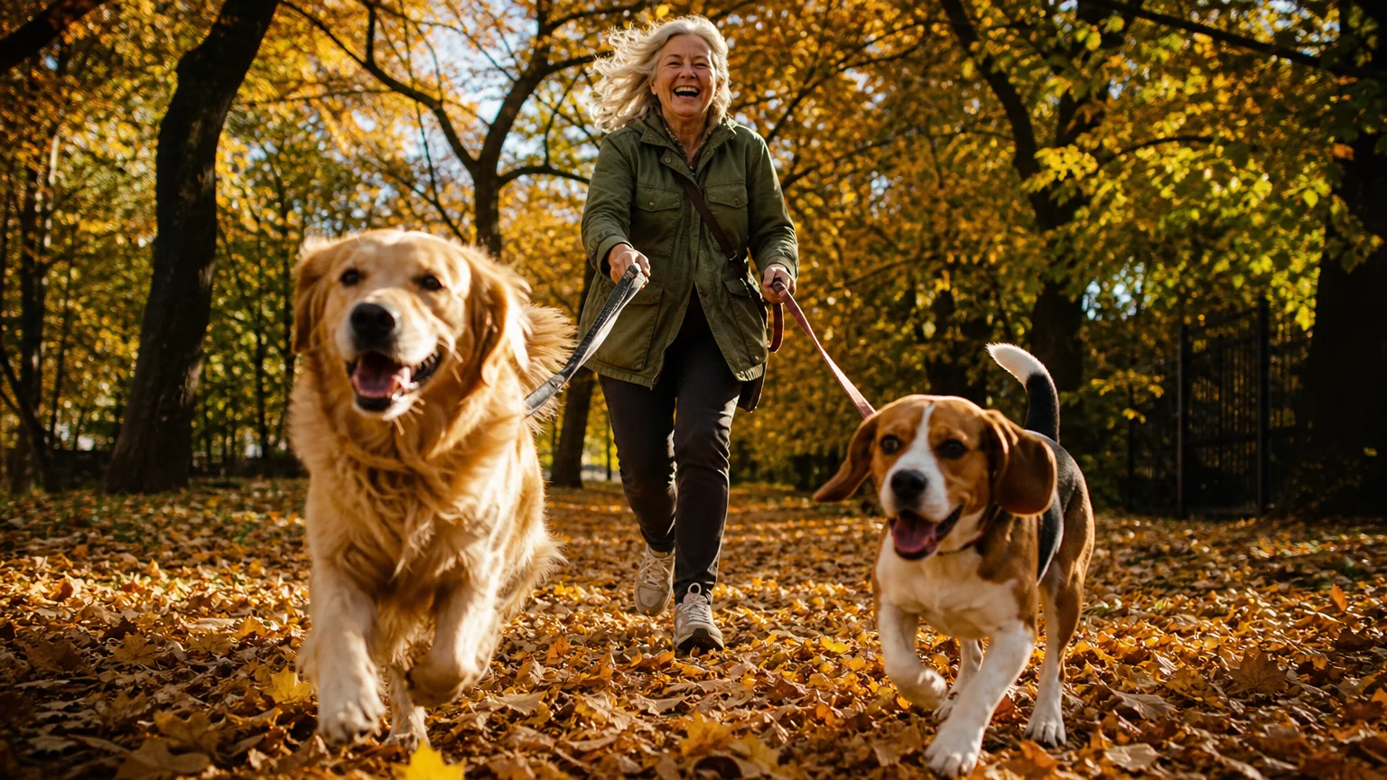 A smiling senior woman walking two happy dogs through a park filled with autumn leaves.