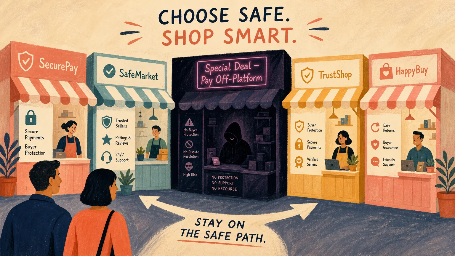 A stylized gouache illustration of market stalls, highlighting a shady, dark stall with a sign urging off-platform payments.