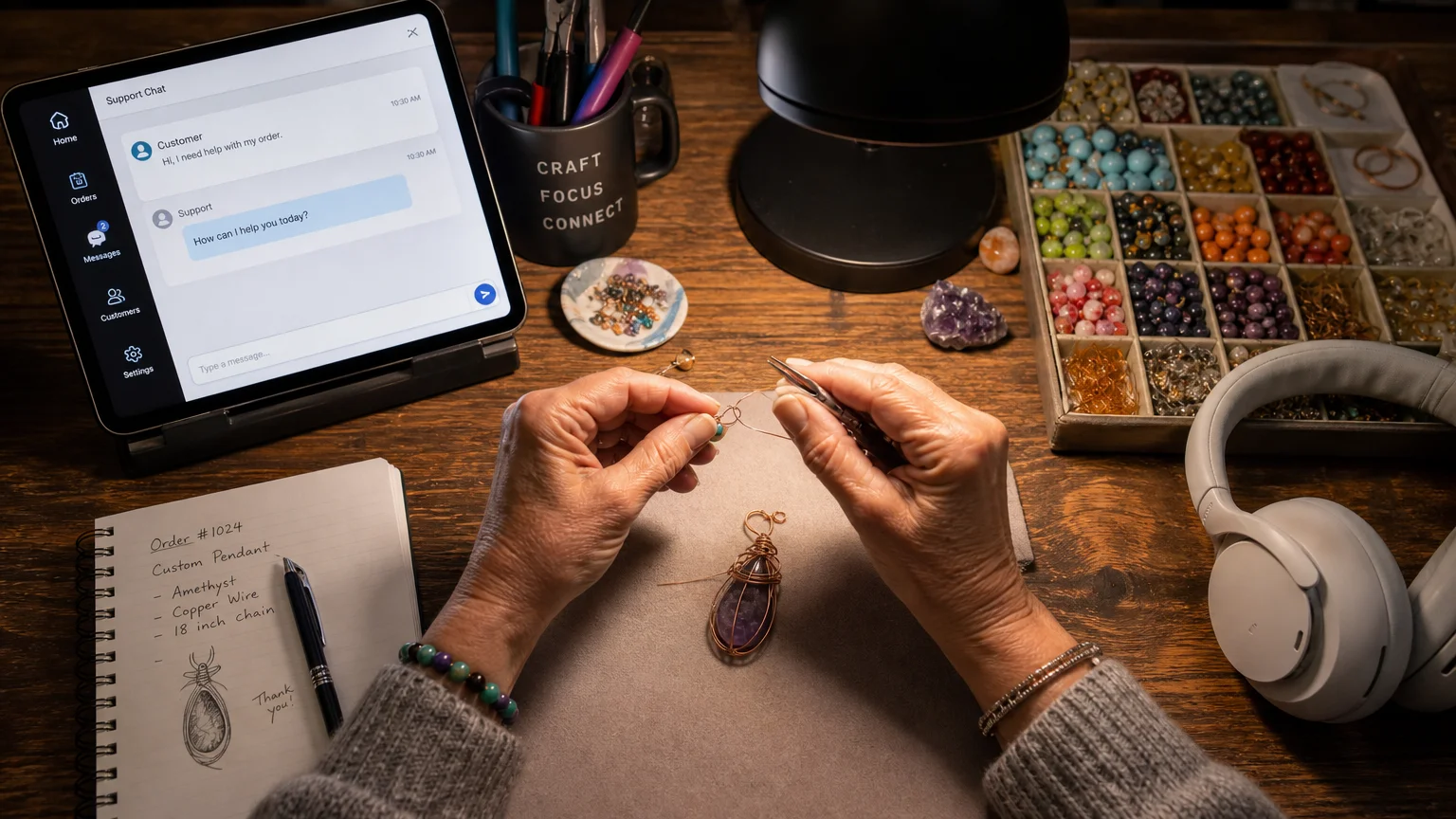 A top-down view of a retiree's hands working on a craft next to a tablet showing a customer service chat.
