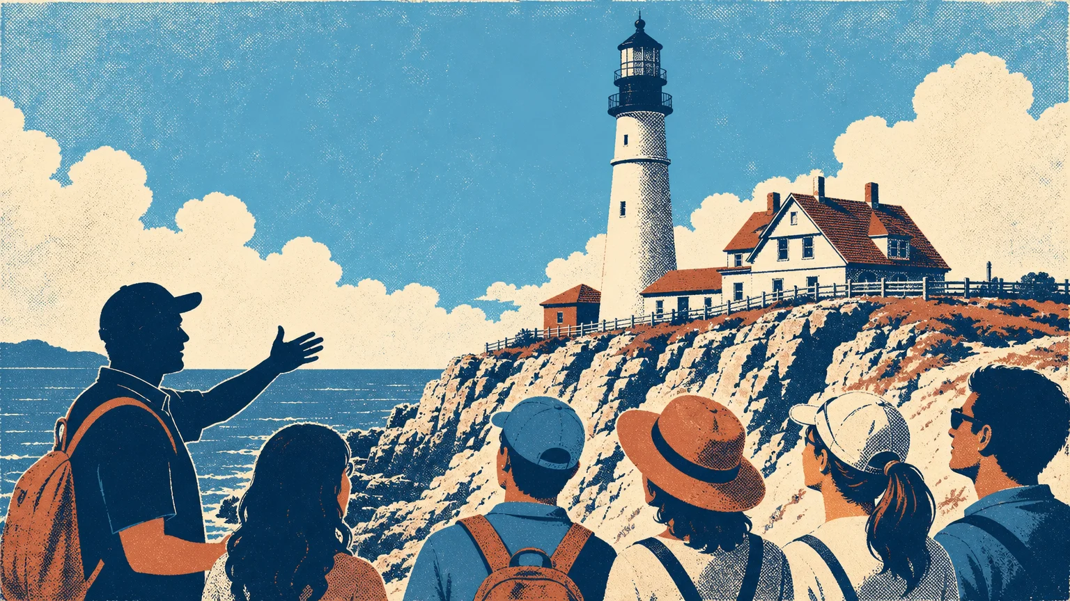 A vintage-style screenprint illustration of a tour guide leading a group at a local landmark.