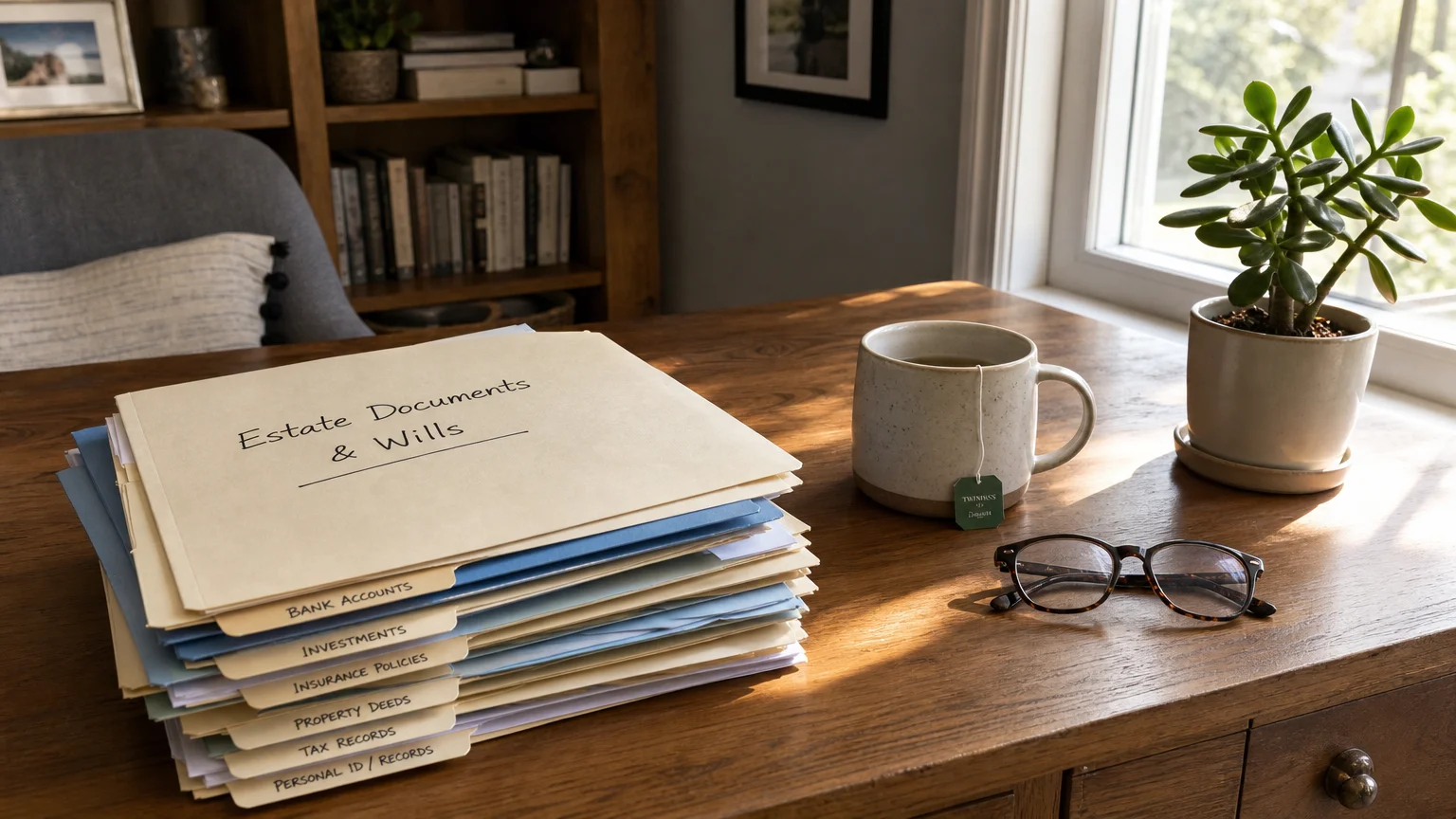 A warm domestic scene of organized estate files, reading glasses, and a mug on a wooden desk by a window.
