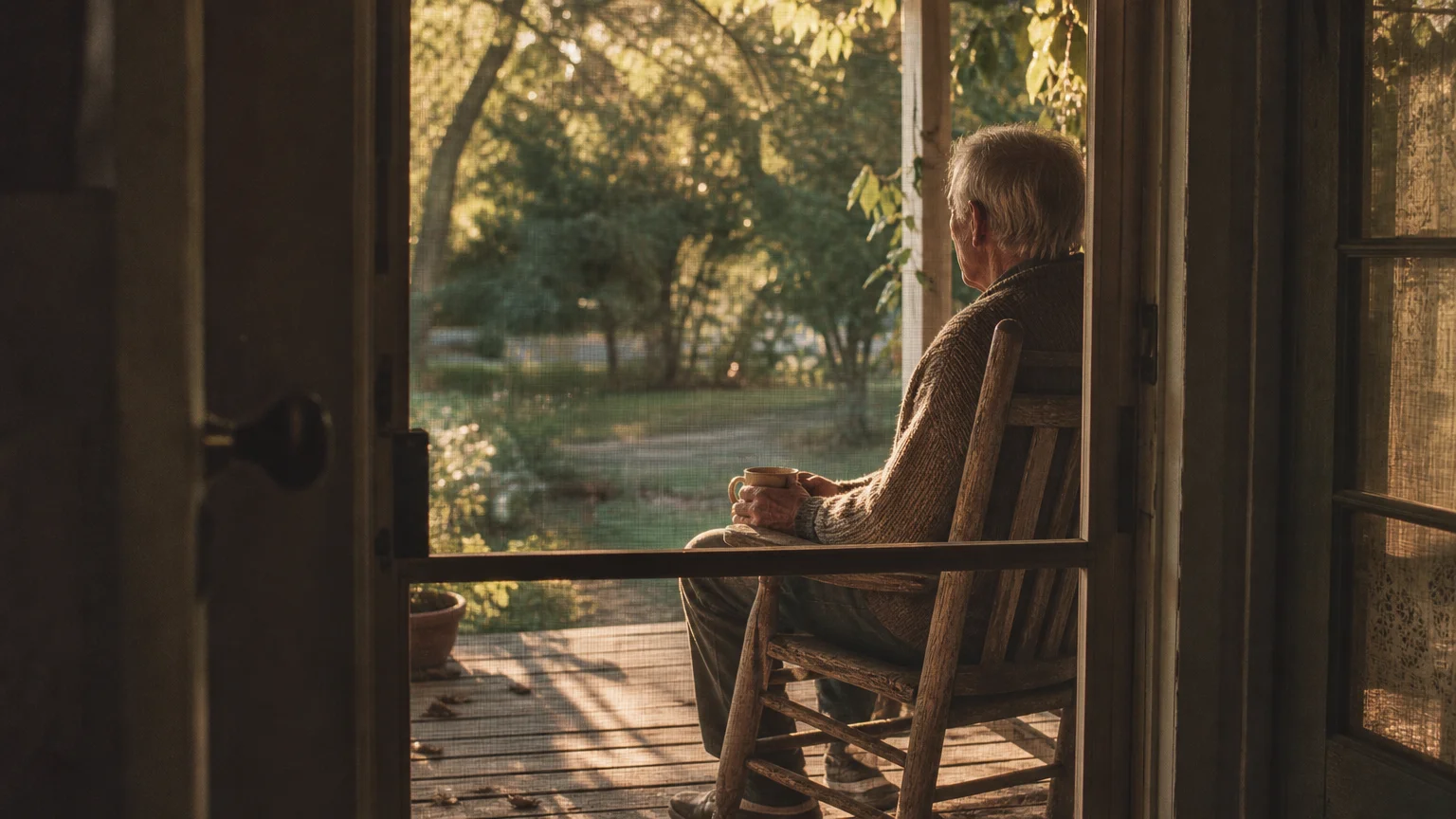 A warm, film-style photograph of an older man sitting thoughtfully on a porch with a mug of tea, reflecting quiet retirement moments.