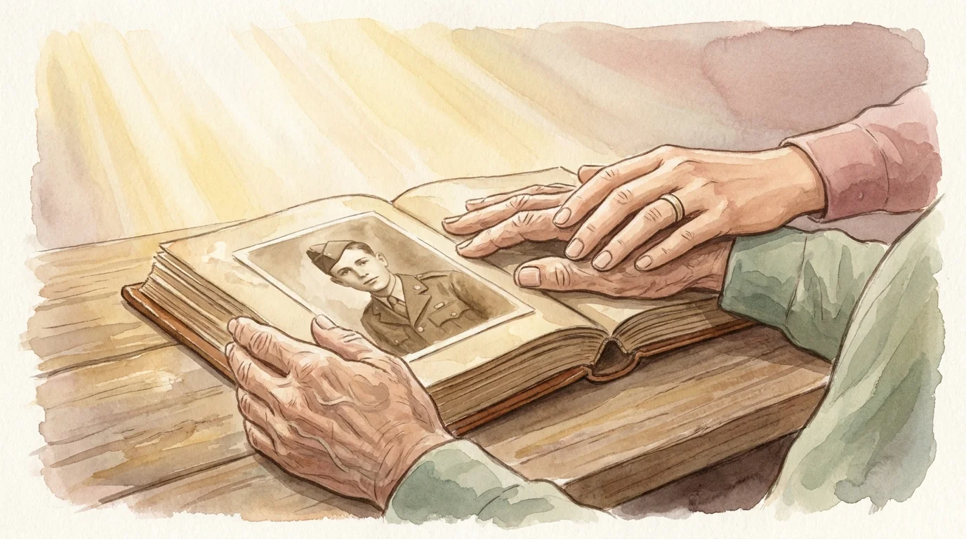 A warm watercolor illustration of a caregiver's hand comforting an older adult holding an open vintage photo album.