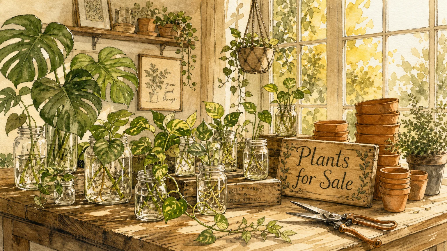 A warm watercolor illustration of a sunlit potting bench filled with propagated green plants and a 'Plants for Sale' sign.