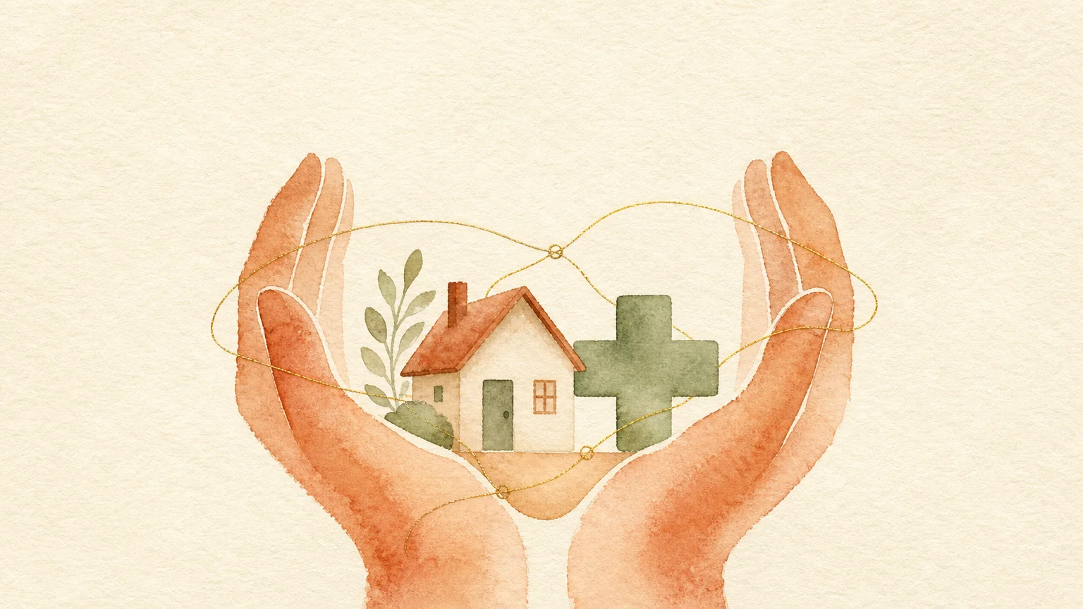 A warm watercolor illustration of two gentle hands cradling a small house and a green medical cross, symbolizing charitable support.