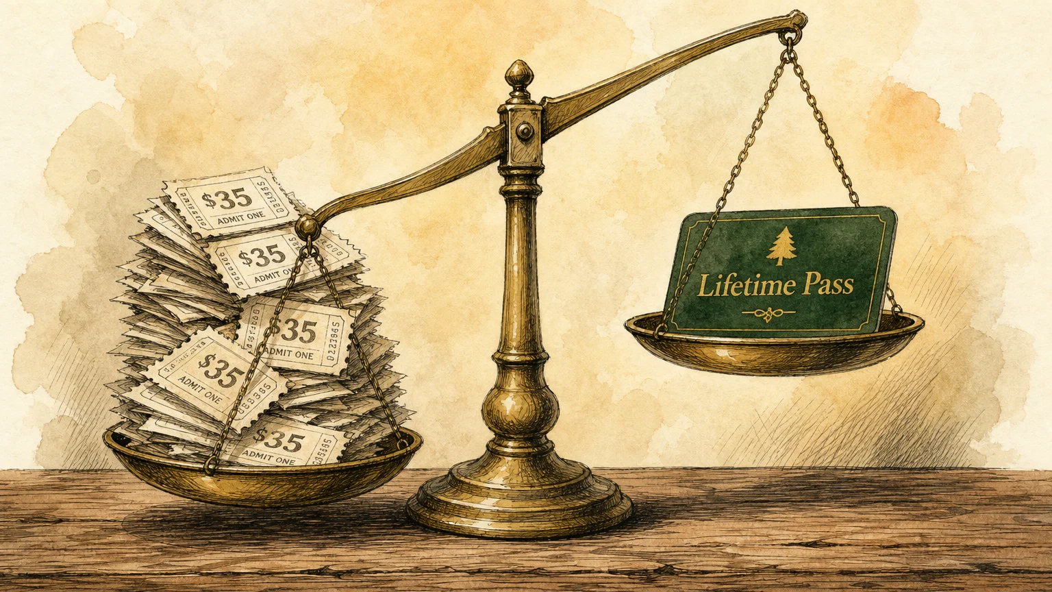 A watercolor illustration of a balance scale comparing a stack of thirty-five dollar single entry tickets to a single lifetime pass.