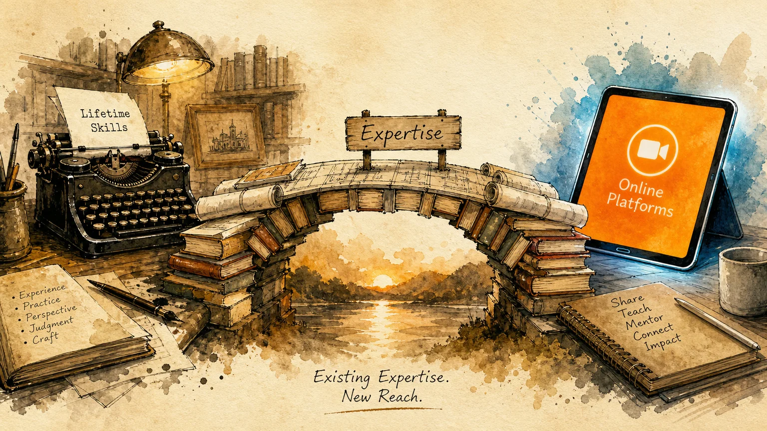 A watercolor illustration of a bridge made of books connecting a typewriter to a tablet, symbolizing sharing expertise.