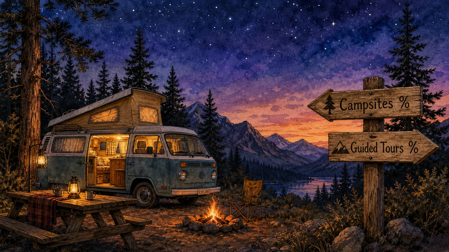 A watercolor illustration of a camper van at dusk with a wooden sign pointing to discounted campsites and guided tours.