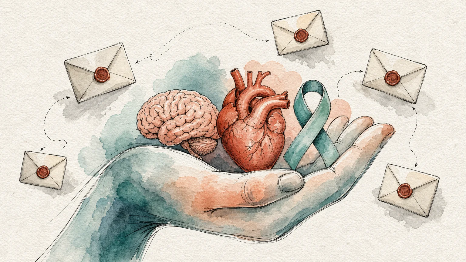 A watercolor illustration of a hand holding symbols of various health conditions, representing disease-specific financial grants.