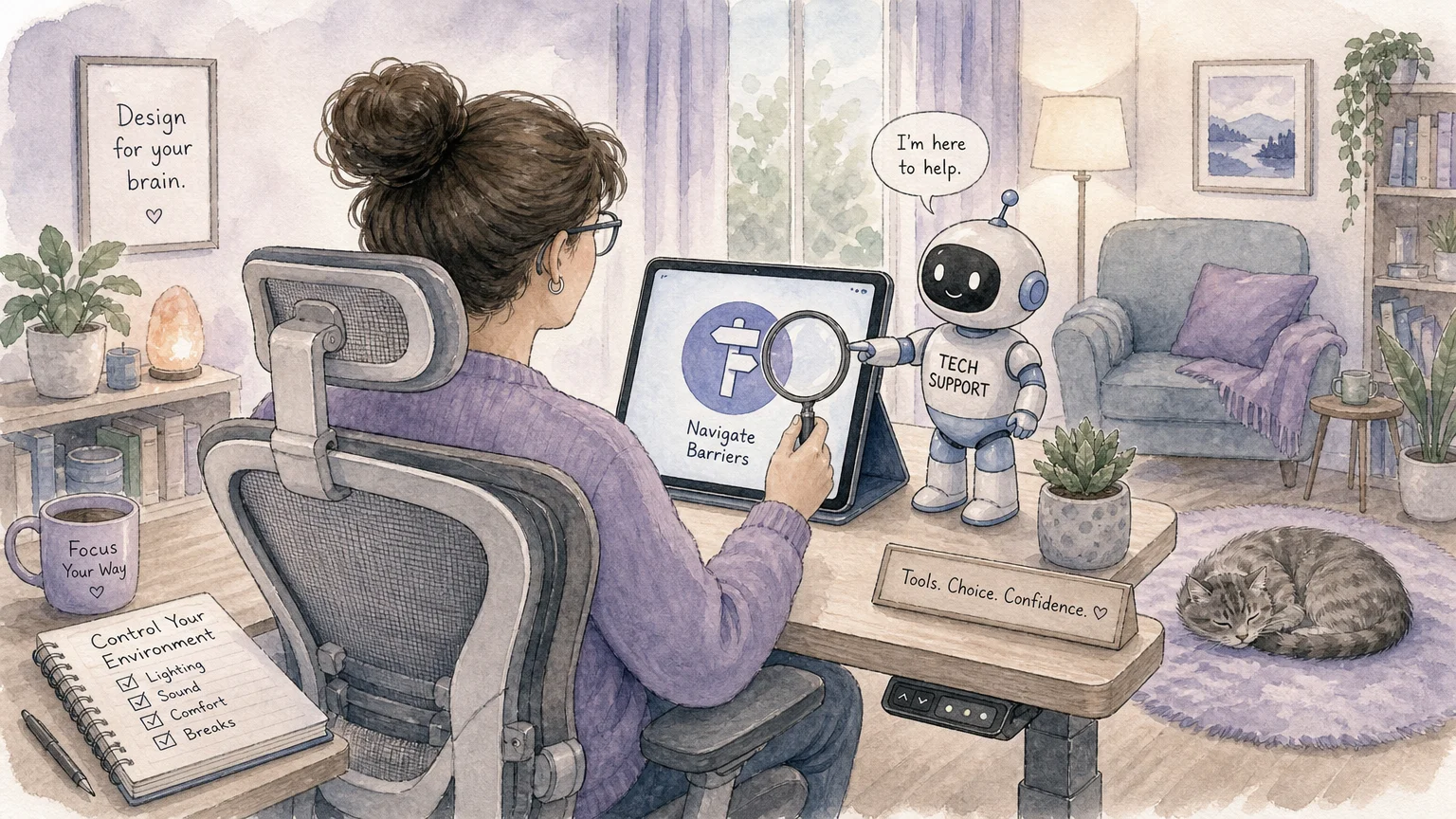 A watercolor illustration of a person at an ergonomic desk being helped with technology in a cozy home setting.