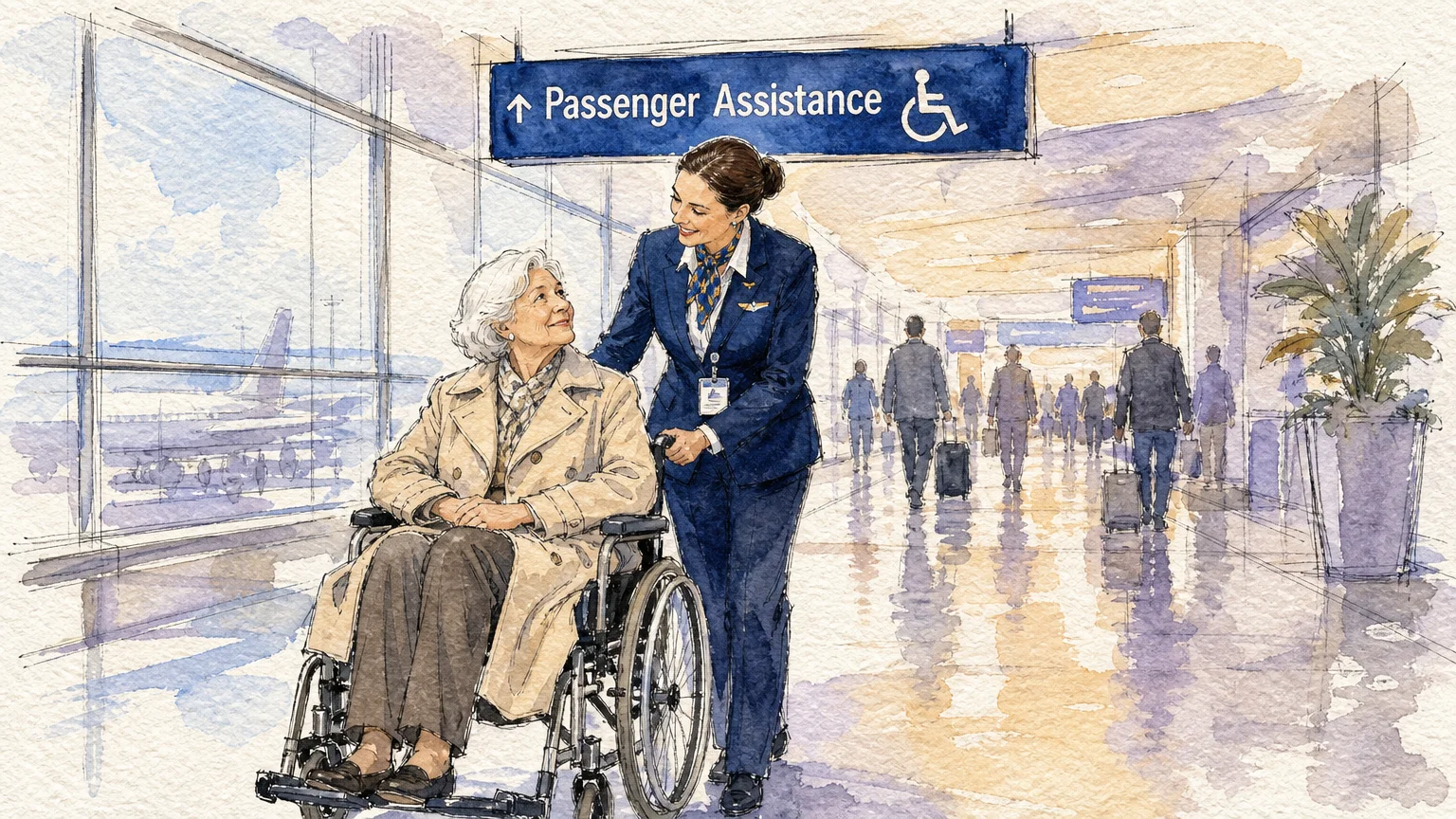 A watercolor illustration of an older traveler being guided through an airport terminal by a passenger assistance staff member.