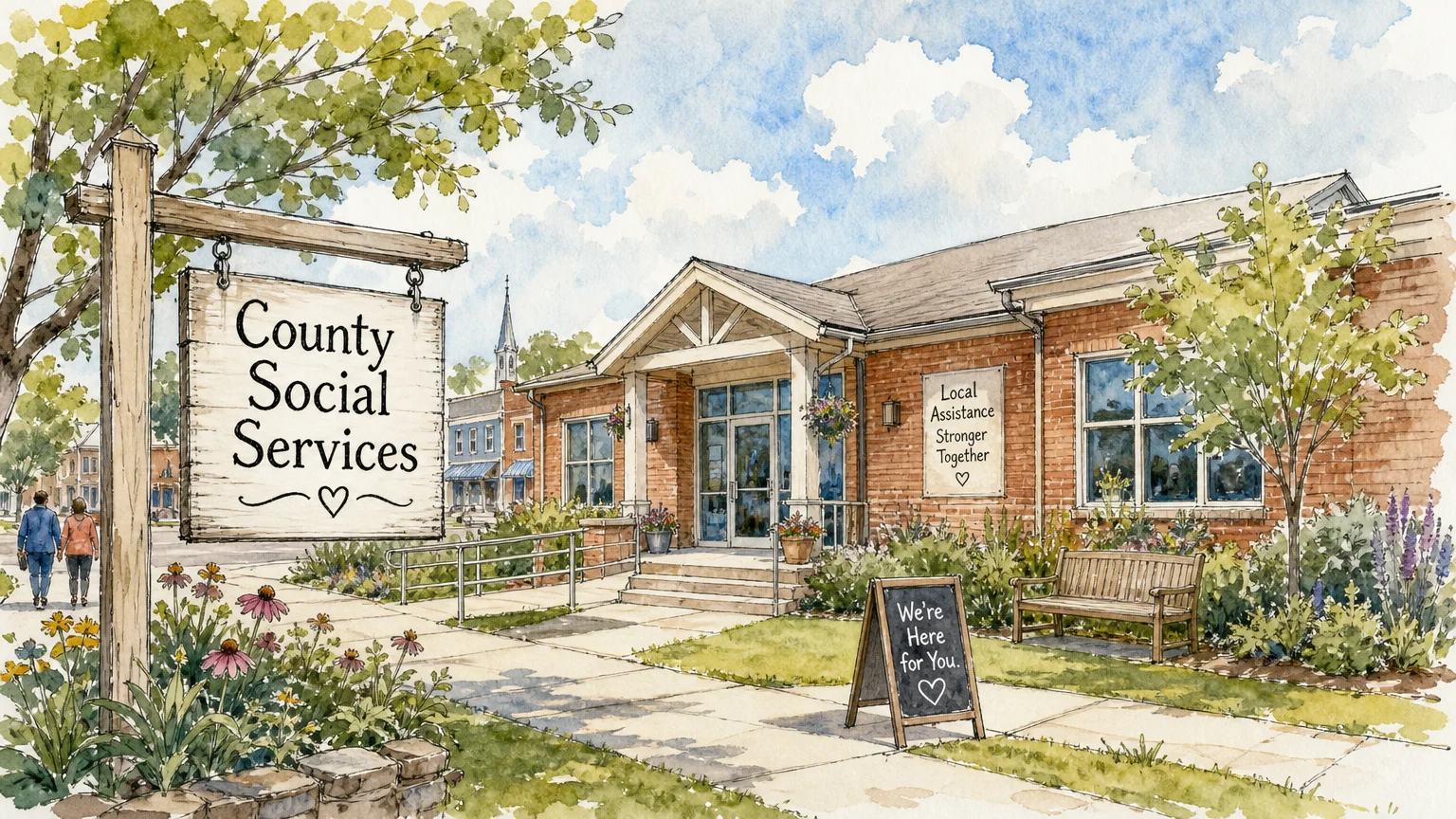 A watercolor sketch of a local community services building with a sign indicating local assistance programs.