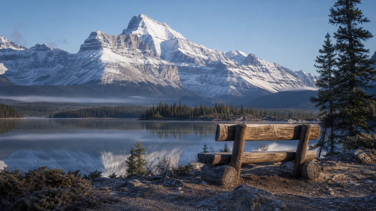 A weathered wooden bench stands on an overlook facing a calm blue lake and majestic snow-capped mountain peaks.