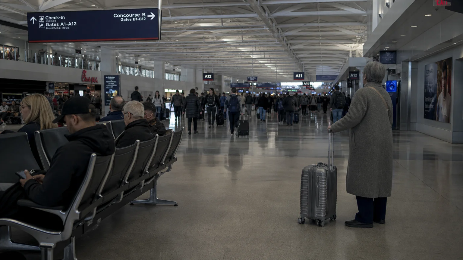 A wide-angle photo of a woman looking down a very long, crowded airport hallway, illustrating the physical strain of long distances.