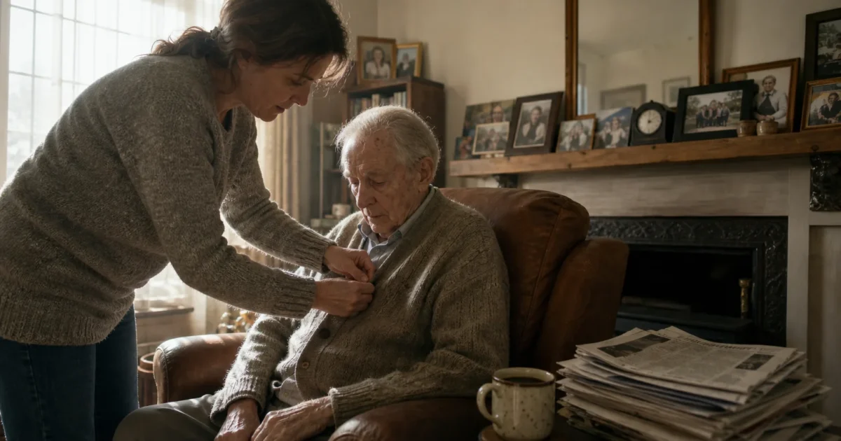 A woman gently helping her elderly father button his sweater in a sunlit, authentic living room with a documentary photography aesthetic.