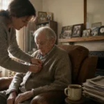 A woman gently helping her elderly father button his sweater in a sunlit, authentic living room with a documentary photography aesthetic.