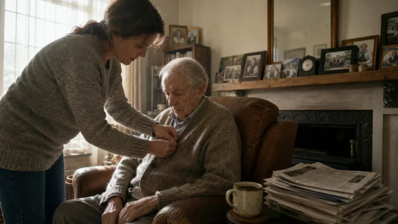A woman gently helping her elderly father button his sweater in a sunlit, authentic living room with a documentary photography aesthetic.