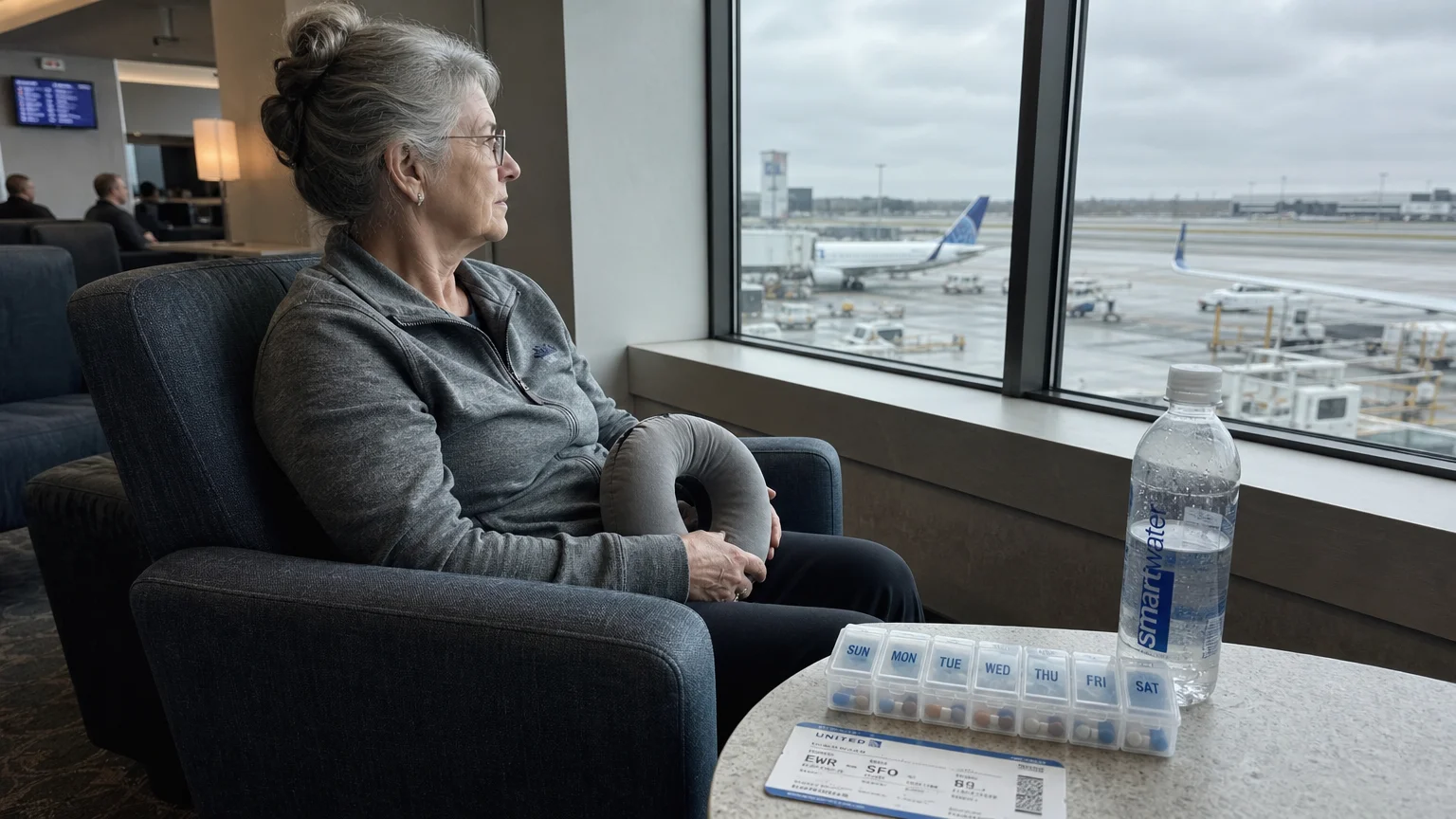 A woman sits in an airport lounge with her medications and water, looking prepared for her flight.