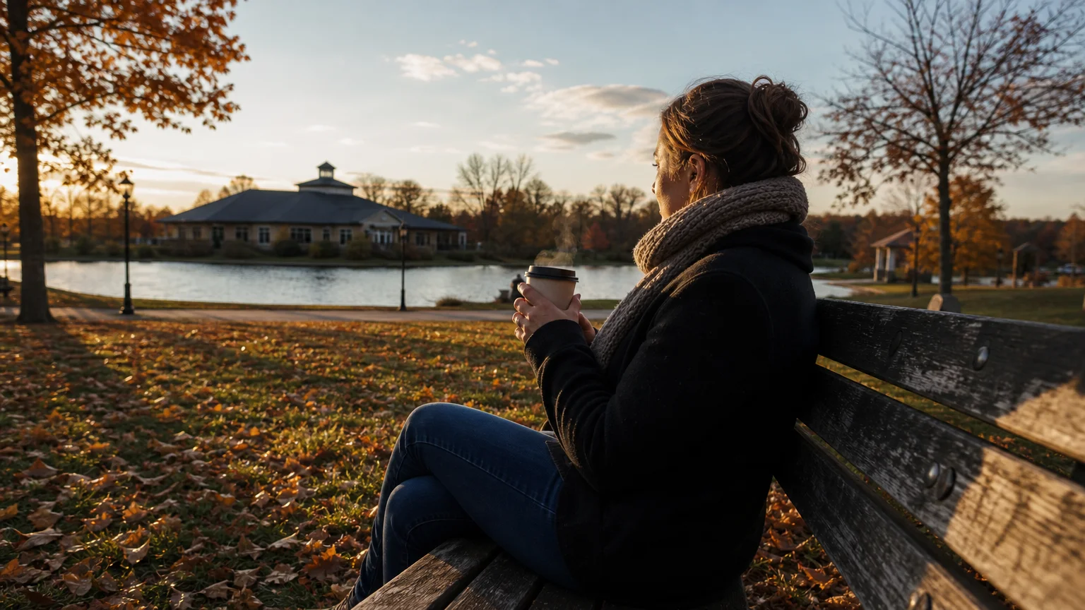 A woman sitting alone on a park bench during a moment of respite, reflecting the importance of taking breaks from caregiving duties.