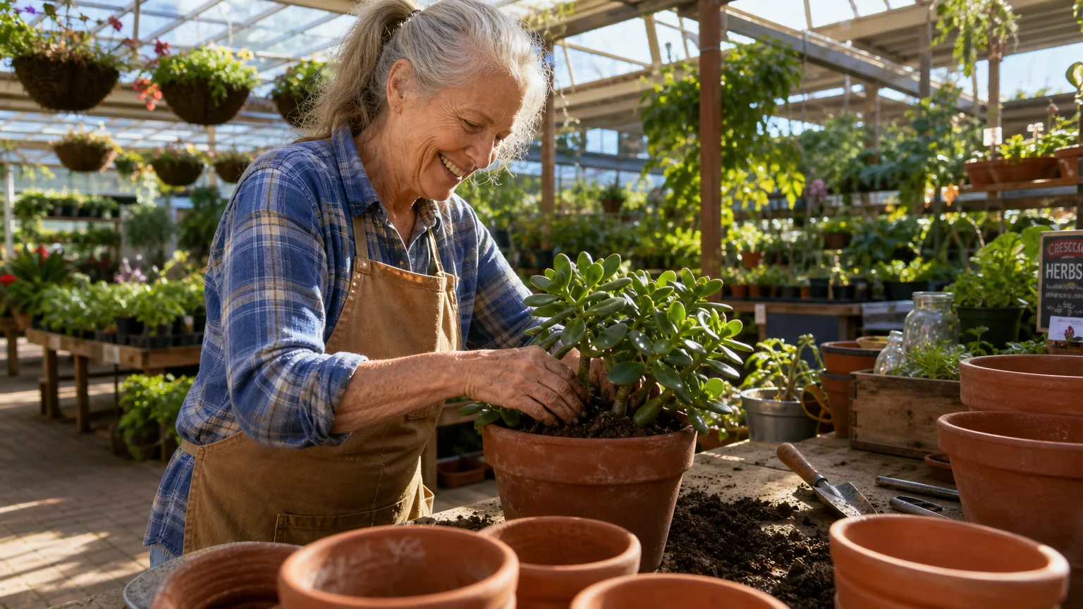 An active older woman smiling as she repots plants at a wooden potting bench inside a bright, sun-dappled garden nursery greenhouse.