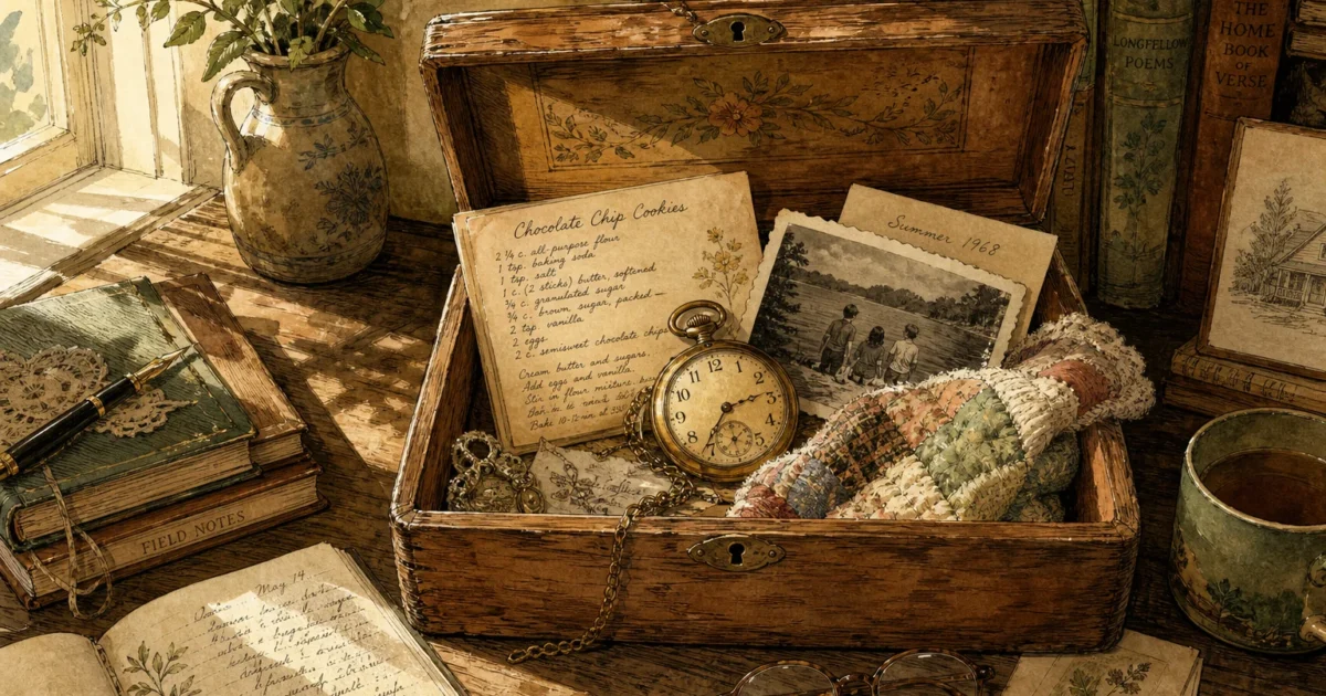 An artistic watercolor of an open wooden keepsake box on a desk, overflowing with a pocket watch, a recipe card, and a family photo.