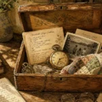 An artistic watercolor of an open wooden keepsake box on a desk, overflowing with a pocket watch, a recipe card, and a family photo.